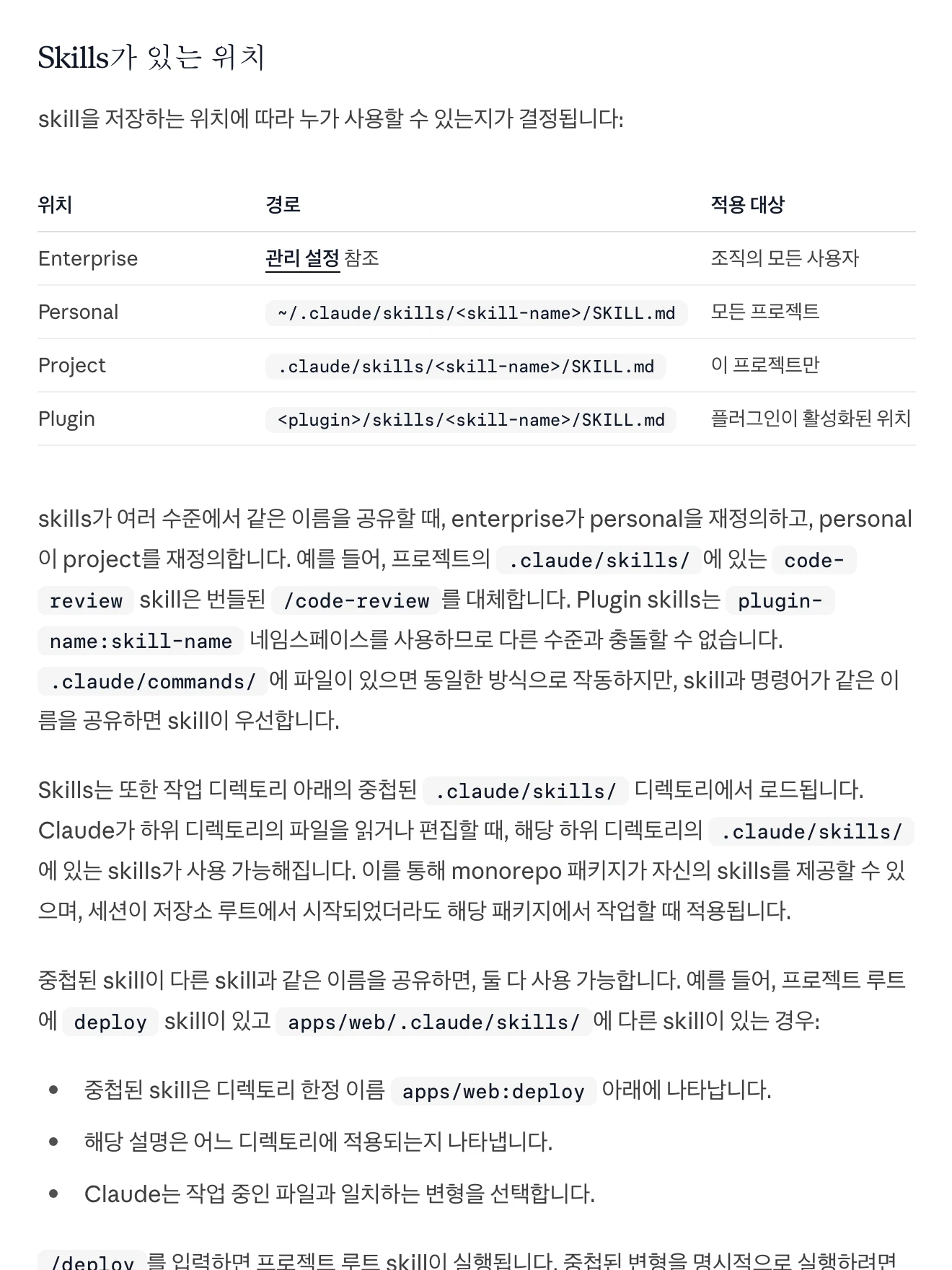클로드 코드 공식 문서의 Skills 위치 표. 위치·경로·적용 대상 세 열에 Enterprise·Personal·Project·Plugin 네 행이 있고, Personal 경로는 ~/.claude/skills/ 다.