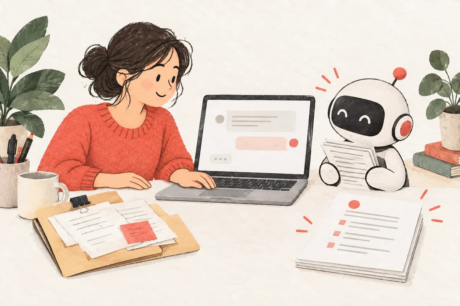 노트북으로 작업을 요청하고 정리된 문서를 살펴보는 사람의 일러스트