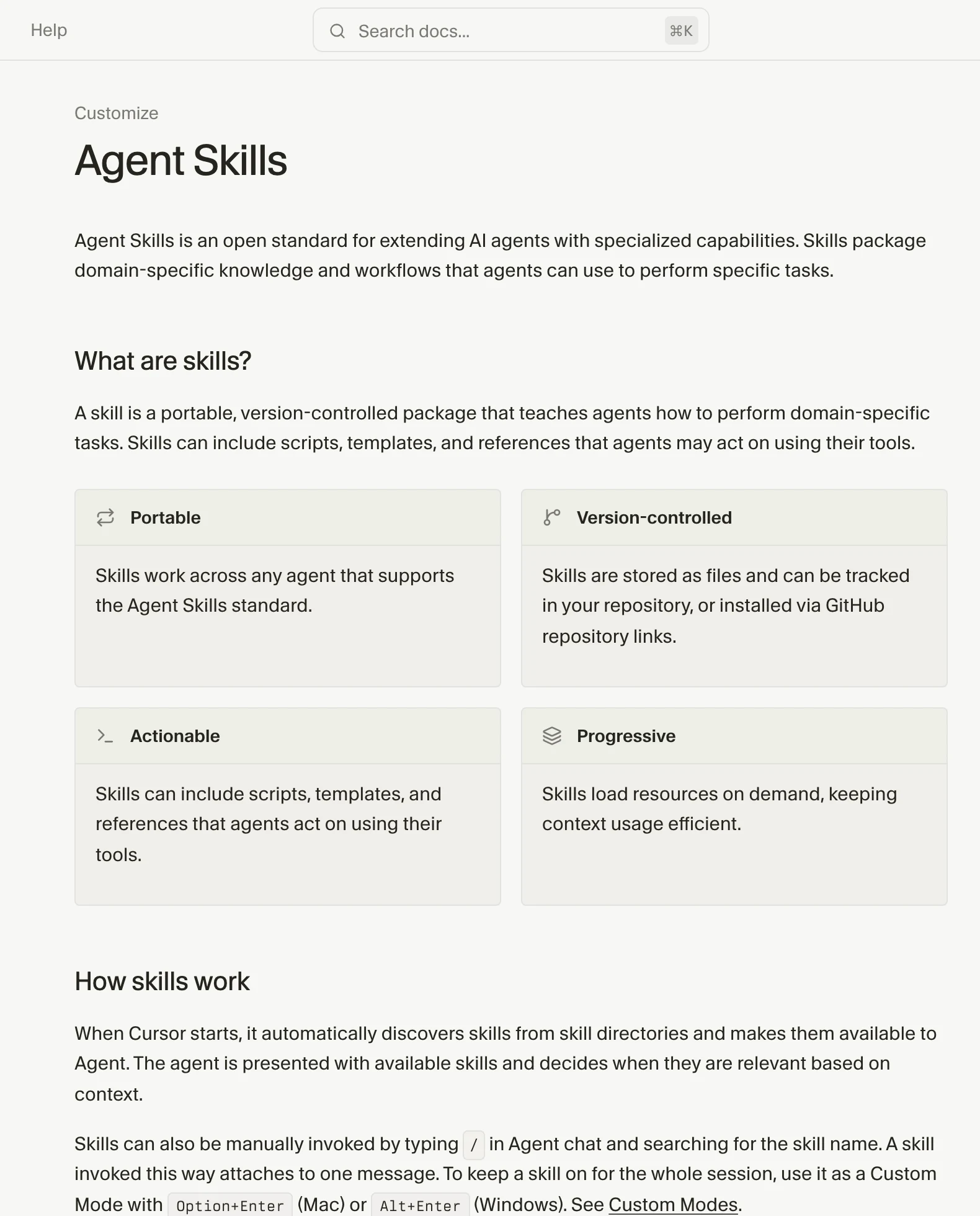커서 공식 문서의 Agent Skills 페이지. 스킬을 Portable·Version-controlled·Actionable·Progressive 네 카드로 설명하고 개방형 표준이라고 적었다.
